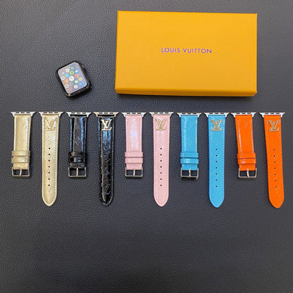 GLOSSY LEATHER APPLE WATCH STRAP LUXURY METAL LOGO