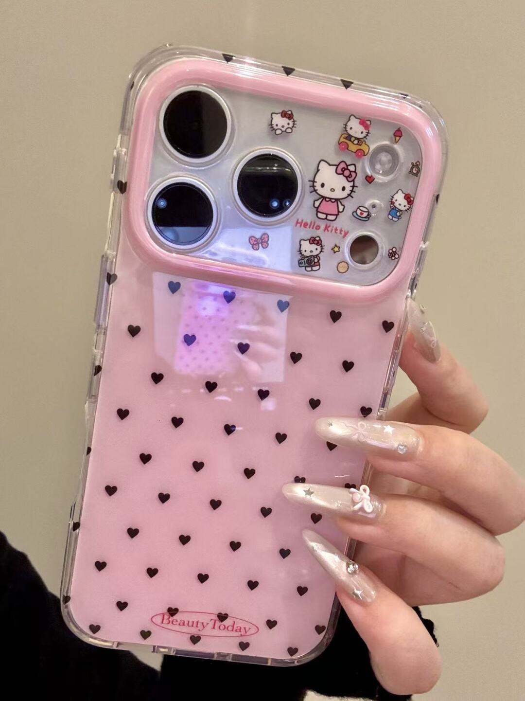 Hellokitty Black Heart Print Pink Cute Kawaii Phone Case #600