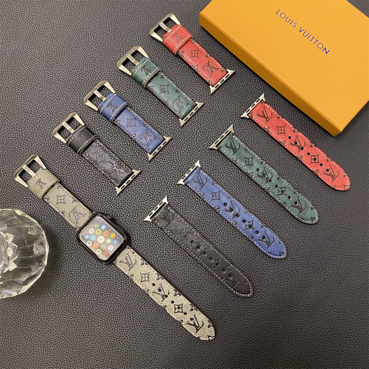 Leather Monogram Apple Watch Bands Leather Blue-YH24422