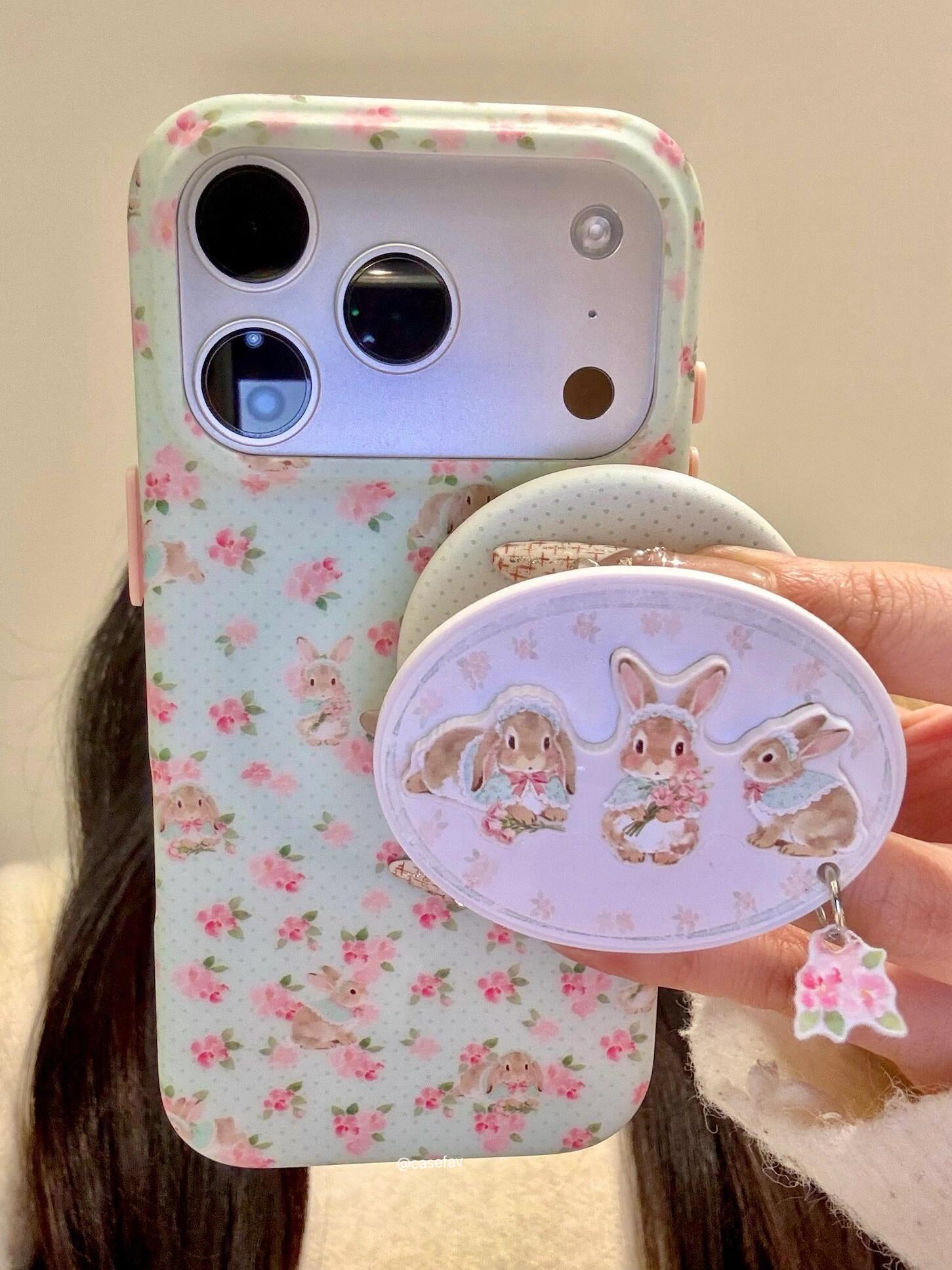 Floral Bunny Green  Cute Kawaii MagSafe Case + MagSafe Stand Holder / Phone Grip #0595