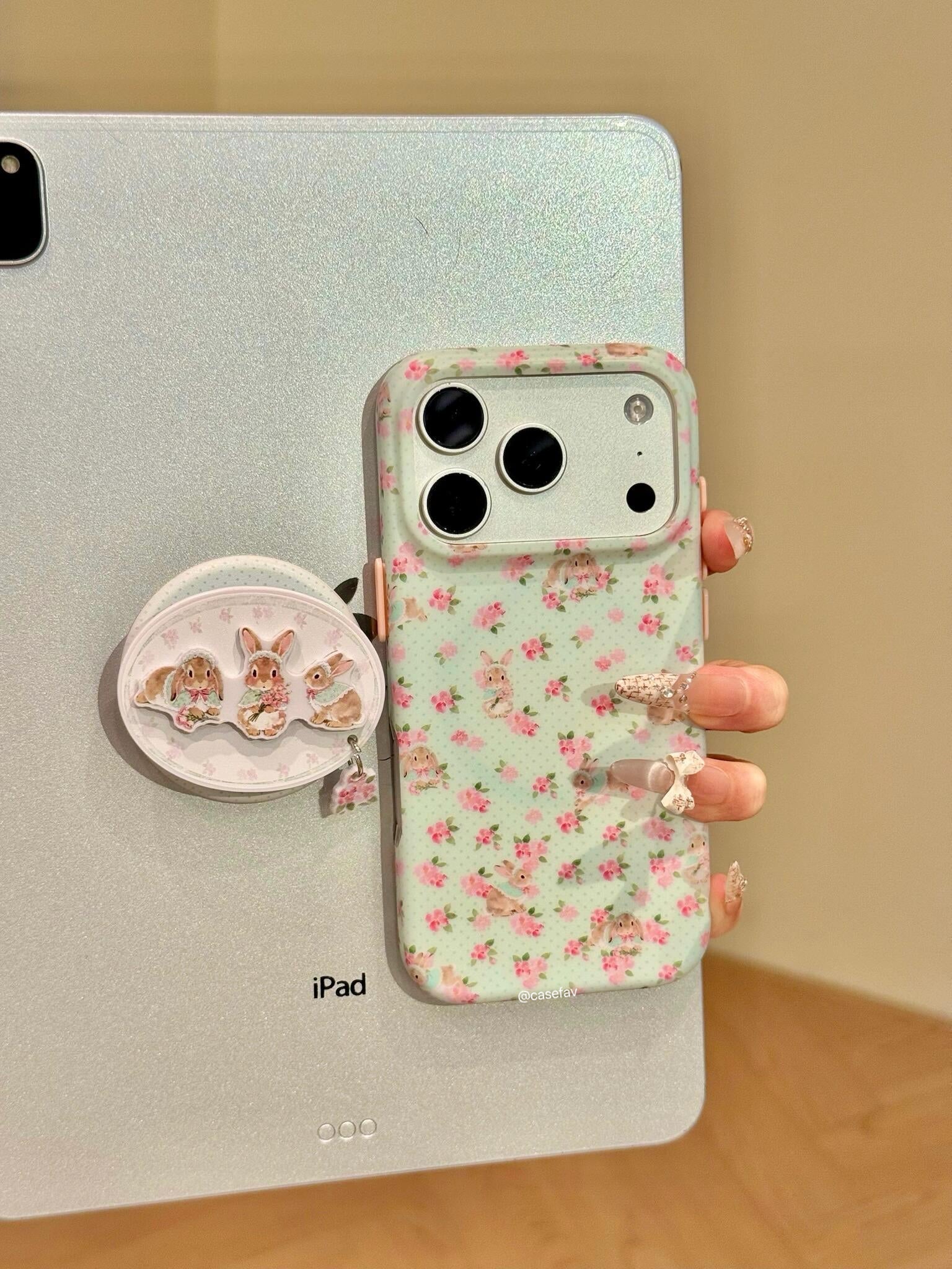 Floral Bunny Green  Cute Kawaii MagSafe Case + MagSafe Stand Holder / Phone Grip #0595
