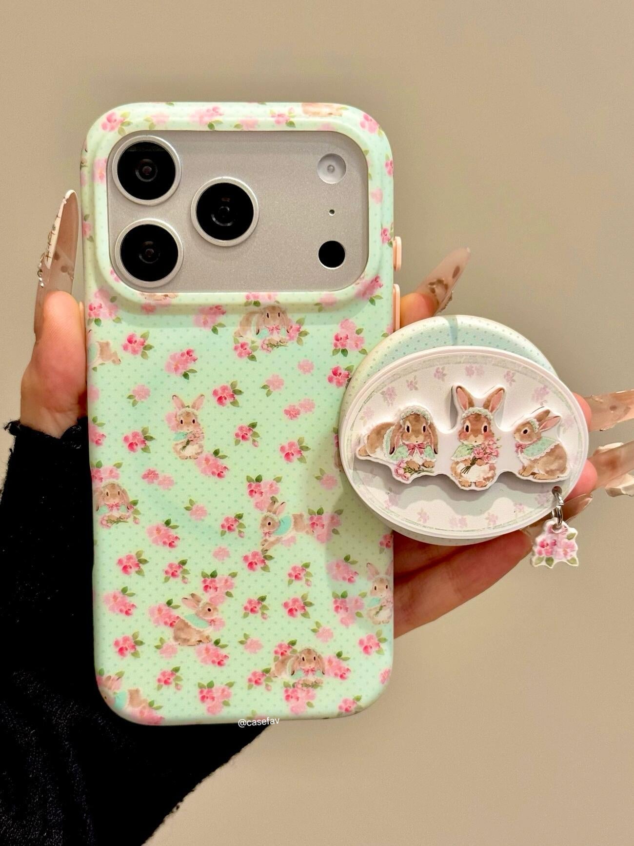 Floral Bunny Green  Cute Kawaii MagSafe Case + MagSafe Stand Holder / Phone Grip #0595