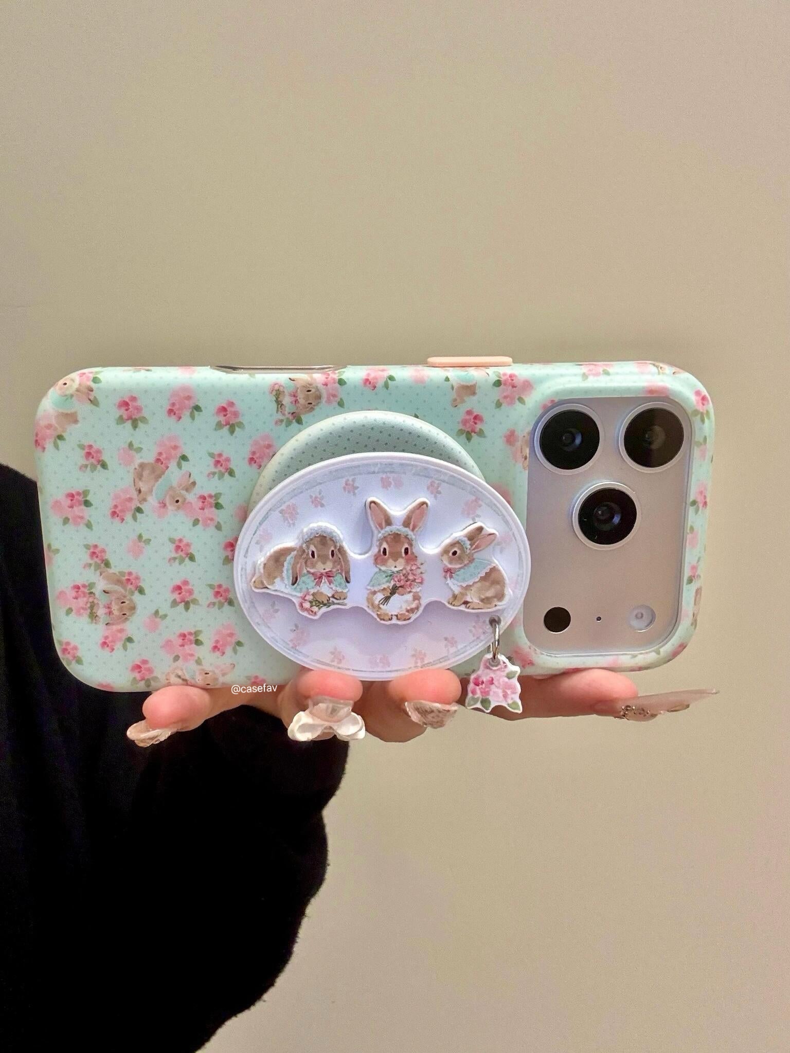 Floral Bunny Green  Cute Kawaii MagSafe Case + MagSafe Stand Holder / Phone Grip #0595