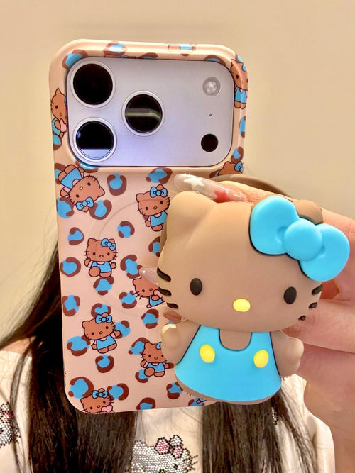 Hellokitty Blue Leopard Print Cute Kawaii MagSafe Case + MagSafe Stand Holder / Phone Grip #0609