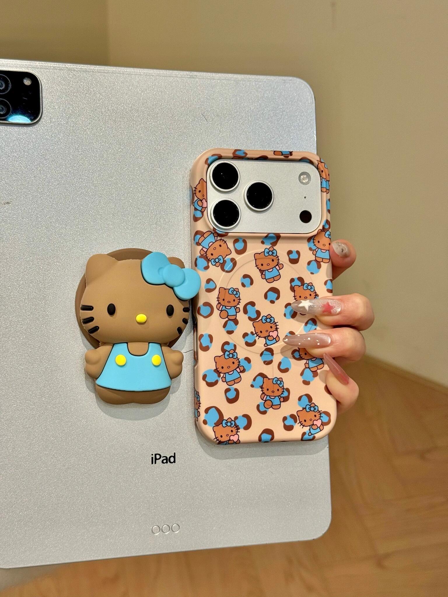 Hellokitty Blue Leopard Print Cute Kawaii MagSafe Case + MagSafe Stand Holder / Phone Grip #0609