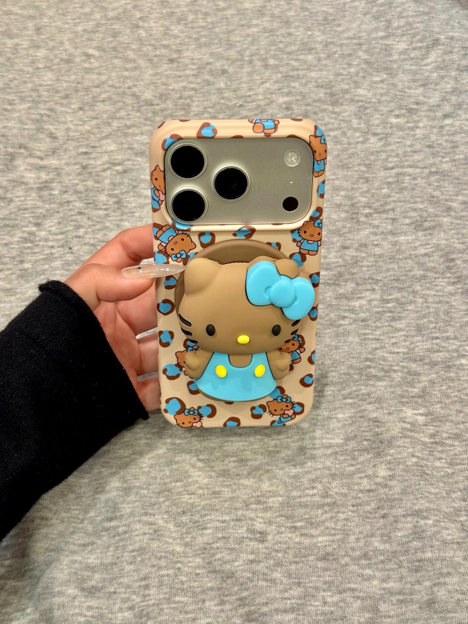 Hellokitty Blue Leopard Print Cute Kawaii MagSafe Case + MagSafe Stand Holder / Phone Grip #0609