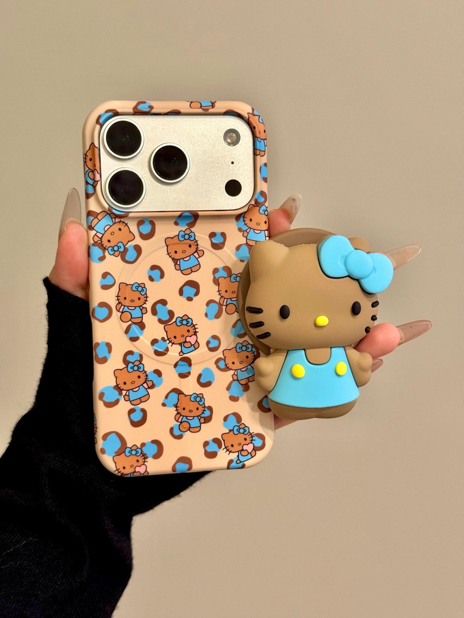 Hellokitty Blue Leopard Print Cute Kawaii MagSafe Case + MagSafe Stand Holder / Phone Grip #0609