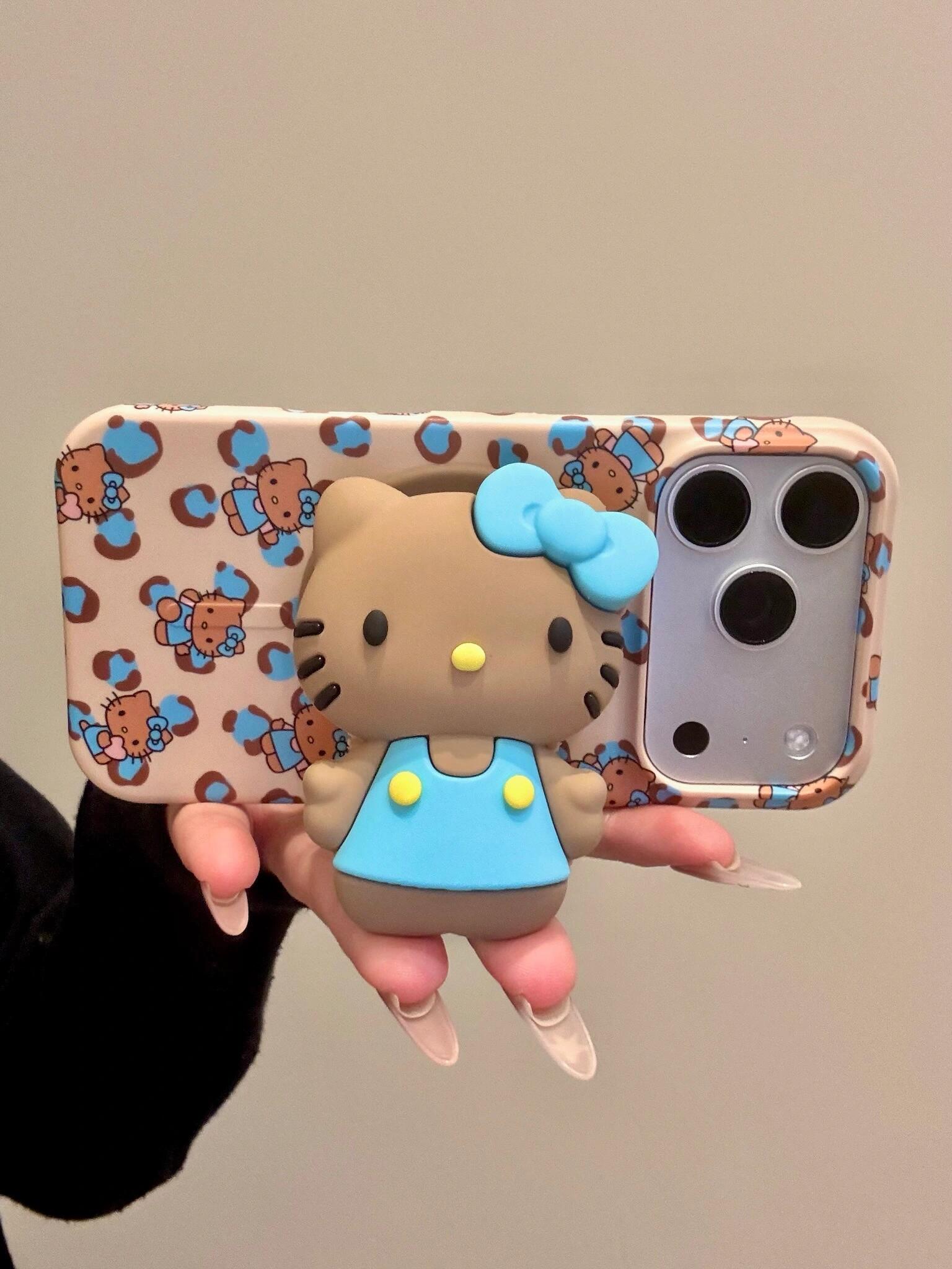 Hellokitty Blue Leopard Print Cute Kawaii MagSafe Case + MagSafe Stand Holder / Phone Grip #0609