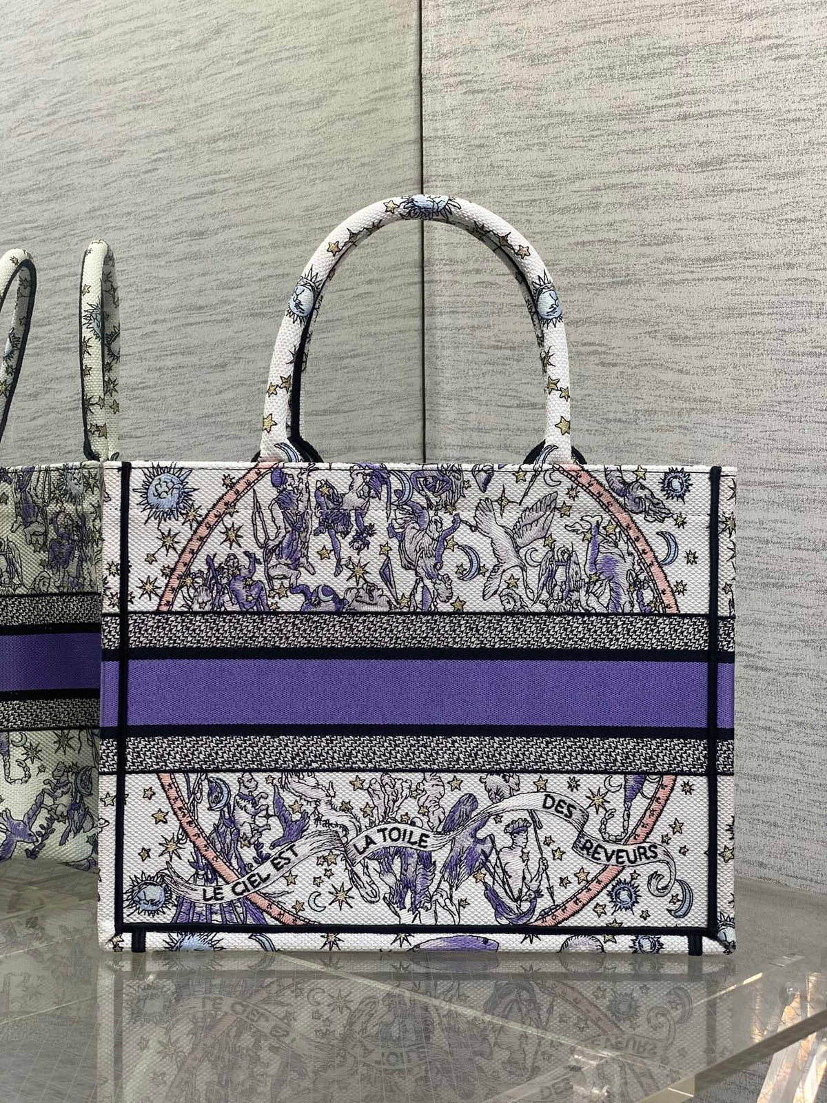 DIOR 25S LUCKY MEDIUM BOOK TOTE 36 IN WHITE AND PURPLE DIOR NIGHT OF DREAMS EMBROIDERY