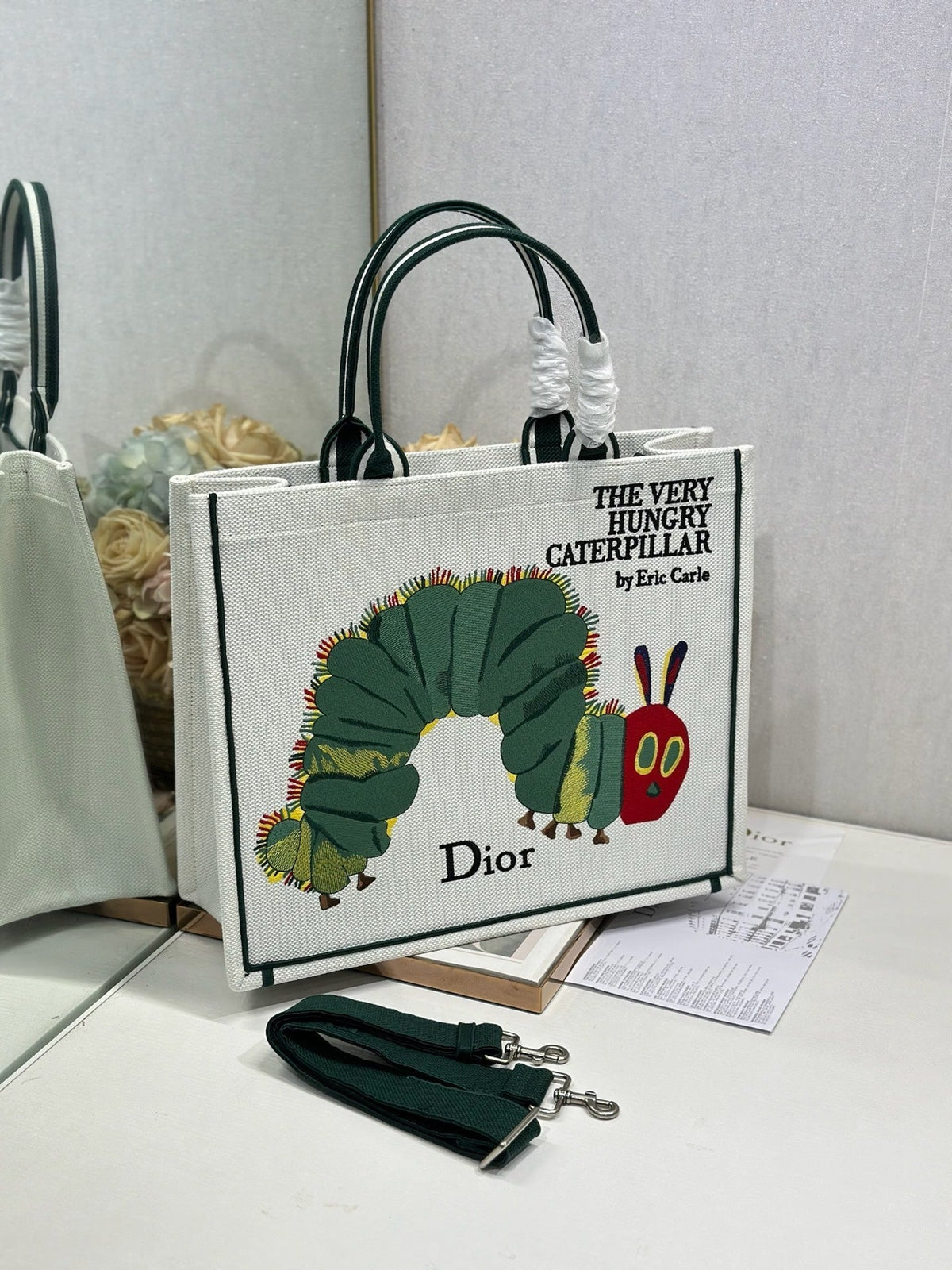 DIOR 26S LARGE BOOK TOTE 42 IN CREAM WHITE AND GREEN WOVEN FABRIC